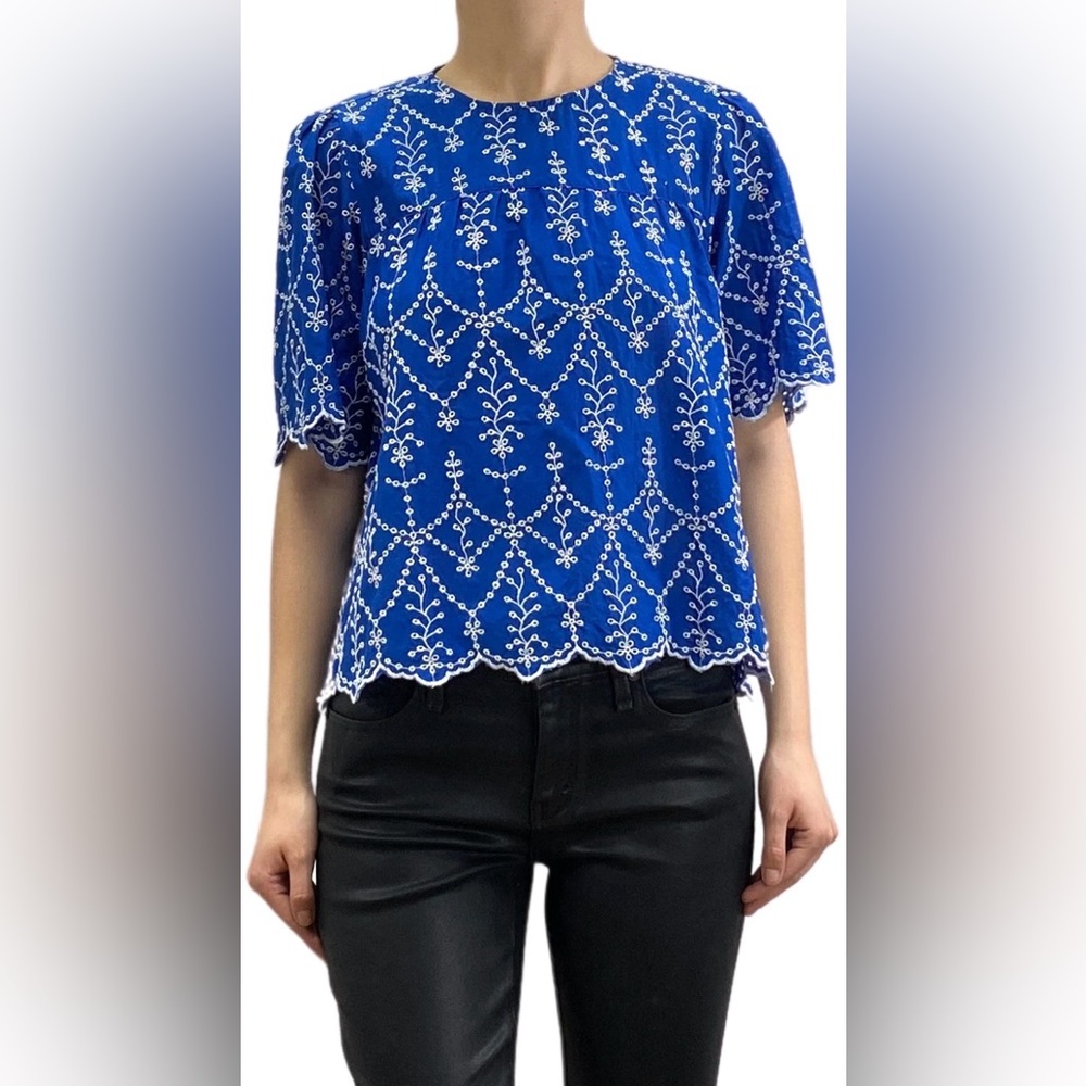 Zara Royal Blue Embroidered Short Sleeve Blouse
